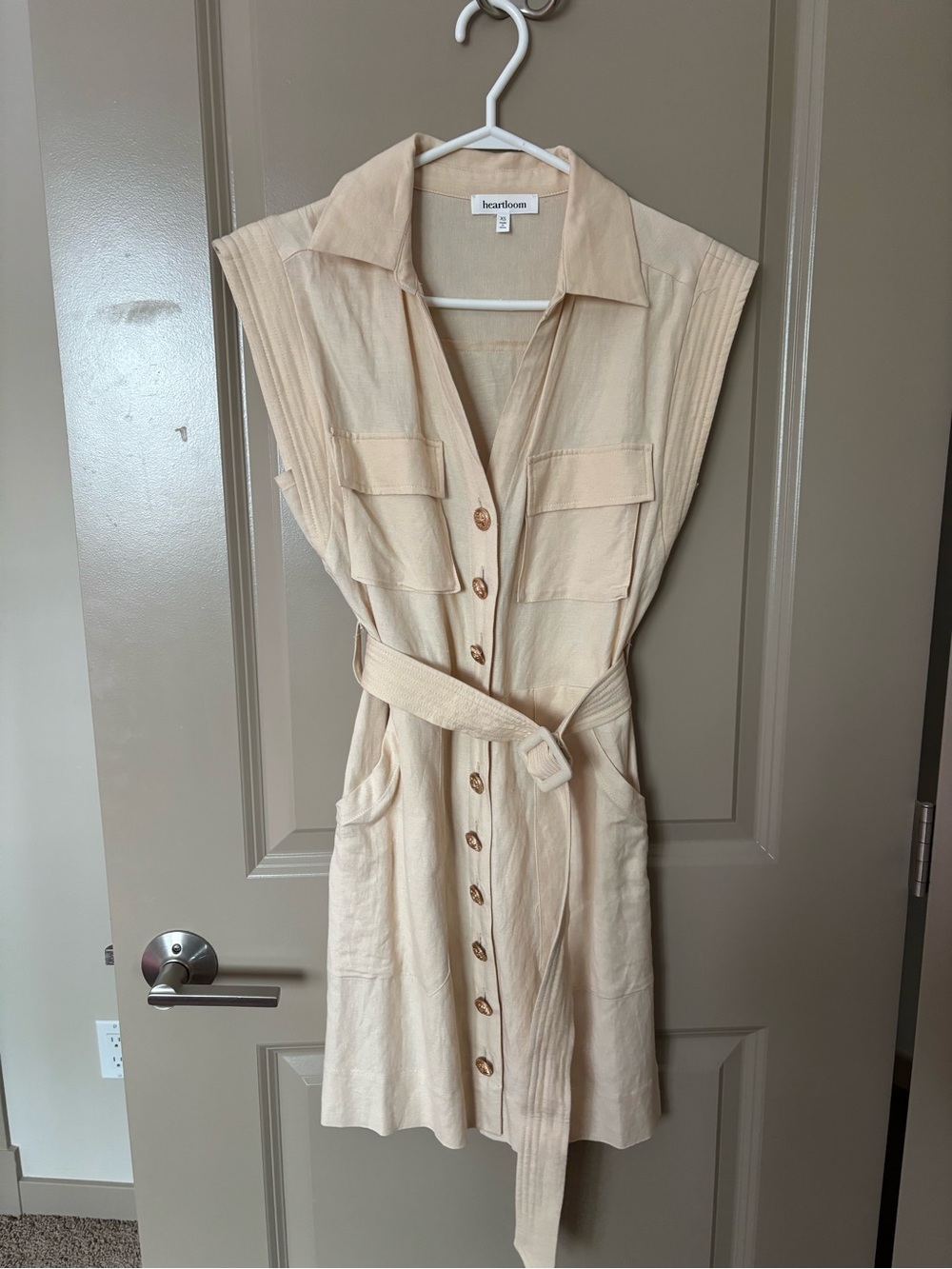 Heartloom Beige Cream Button-Front Belted Mini Dress